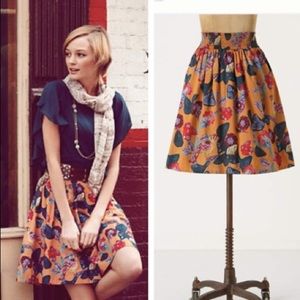 Anthropologie Printed Mustard Bird Skirt